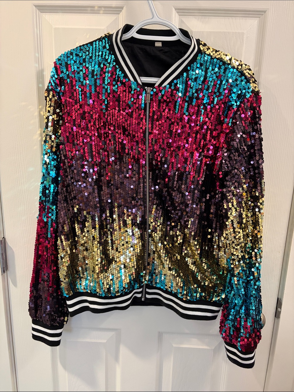 Multicolor Sequin Varsity Jacket with Stripe Trim